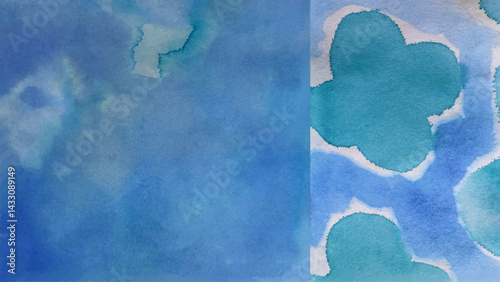 ブルーの水彩絵の具で描いた花の絵、青い絵の具で描いた背景イラスト、青い花の絵