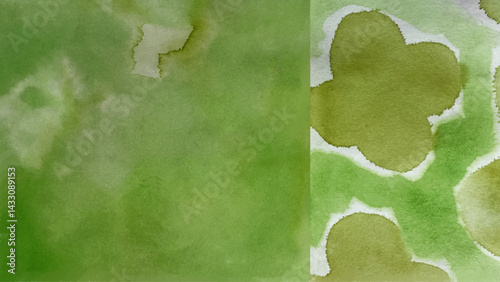 水彩で描いた花の絵、緑色の水彩で描いた背景イラスト、草色の水彩で描いた花の絵