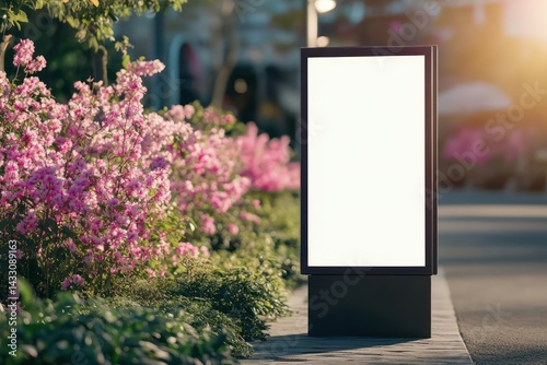 Blank digital signboard mockup with spring flowers background photo