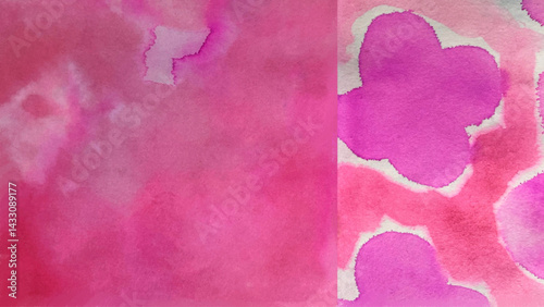 水彩で描いた花の絵、ピンク色の水彩で描いた背景イラスト、