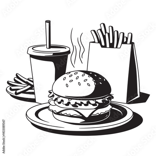 Classic Burger and Soda Combo, Classic fast food combo with burger and soft drink in silhouette style.