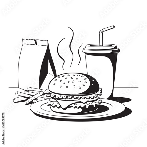 Classic Burger and Soda Combo, Classic fast food combo with burger and soft drink in silhouette style.