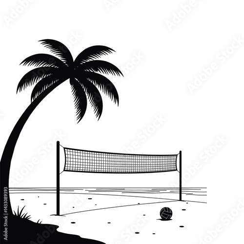 a beach volleyball net with palm tree silhouette vector design art and illustration 