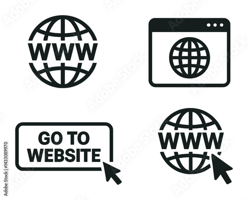 Internet and web navigation icon set – solid style digital, online browsing, and website interaction symbols for seamless connectivity: globe, browser, click, url, website