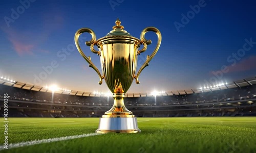 Golden trophy on a sports field.