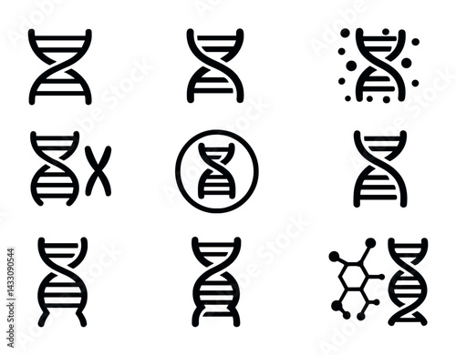 Dna and genetics icon set – solid style biological science, research, and genome symbols for laboratory use: double helix, chromosome, molecule, genetics, science, lab, research.