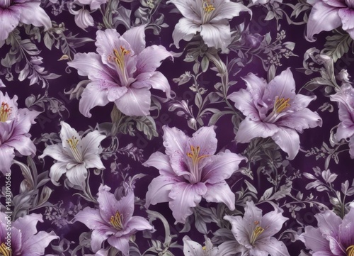 Opulent rose & lily seamless pattern, regal purple & silver , print, luxury