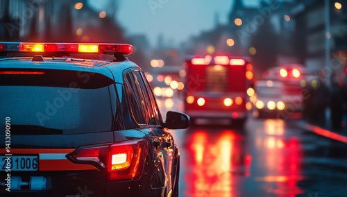 A dark police car with flashing lights on a rainy night, blurred city lights and a firetruck in the background.