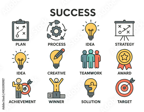 Business and success icon set – flat style innovation, achievement, and strategy symbols for productivity: plan, process, idea, strategy, teamwork, award, solution, target.