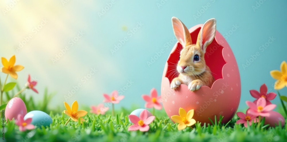 Fototapeta premium Colorful paper cut rabbit egg card with bunny hiding inside, colorful eggs, Easter eggs, spring decorations