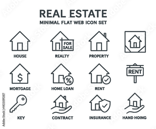 Real estate outline icons set – minimalist flat property, home buying, and renting symbols: house, mortgage, home loan, rent, key, contract, insurance