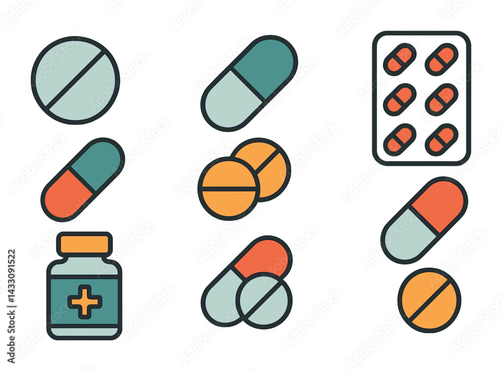 Healthcare and medicine linear icons set – flat style medical, pharmacy, and wellness symbols: pill, capsule, medication bottle, blister pack, tablets, vitamins