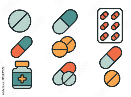 Obraz na płótnie Healthcare and medicine linear icons set – flat style medical, pharmacy, and wellness symbols: pill, capsule, medication bottle, blister pack, tablets, vitamins w salonie