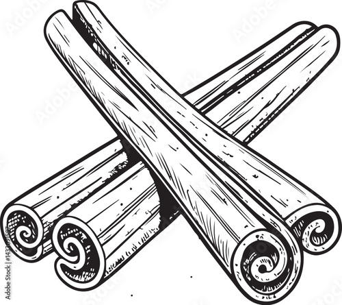Cinnamon stick Spice / Spices, Herb / Herbs, Black and White Vector Illustration, Sketch Drawing Line Linear Symbol Icon Engraving, Hand-drawn Isolated