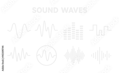 Audio and sound waves icon set – outline style music, frequency, and signal symbols for audio projects: sine wave, equalizer, pulse, waveform, amplitude, beats.