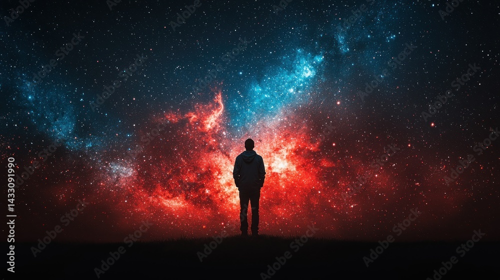 Fototapeta premium Silhouette of a Person Gazing at a Cosmic Nebula