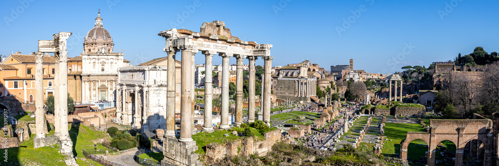Rome Forum Romanum panorama ancient historical temple ruins in Italy