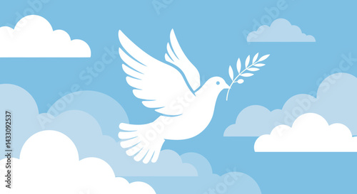 Dove of Peace flying in the sky with an olive branch symbol of hope and harmony a conceptual illustration for world peace