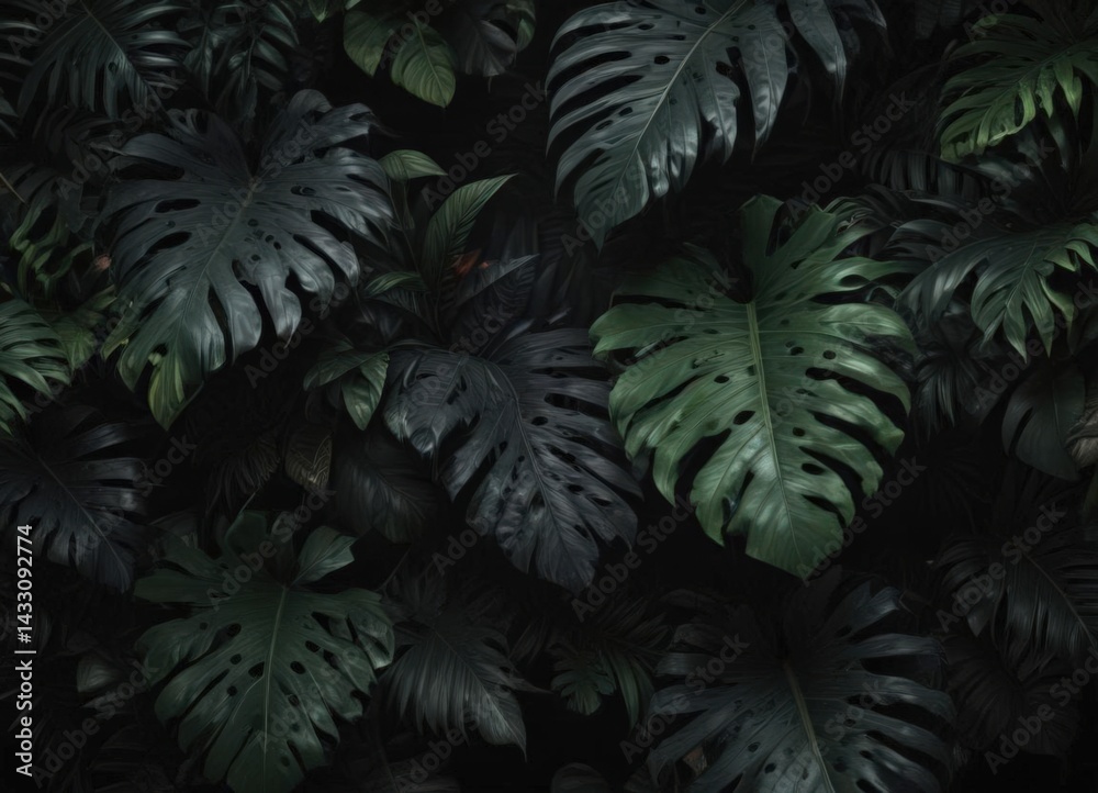 Fototapeta premium Dark tropical leaves, lush jungle foliage on black backdrop, fabric, print
