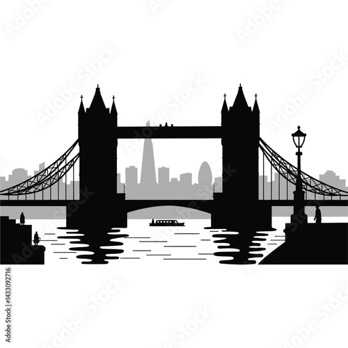 London Bridge stretching over the Thames silhouette vector design art and illustration 
