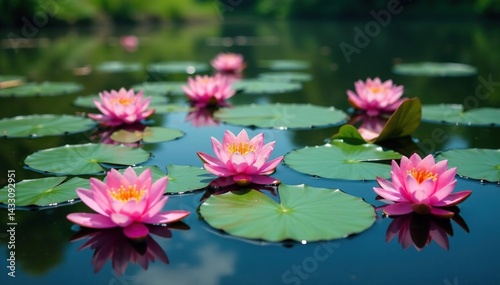 Water lilies creating a floral pattern across a still lake, wildflowers, outdoor