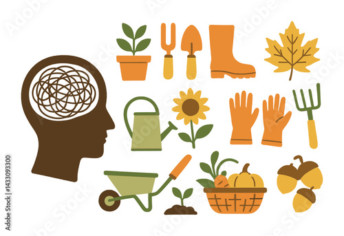 Gardening and mental wellness icons set – flat style for stress relief, nature therapy, and outdoor activities: plant, tools, sunflower, wheelbarrow, gloves, vegetables, acorns
