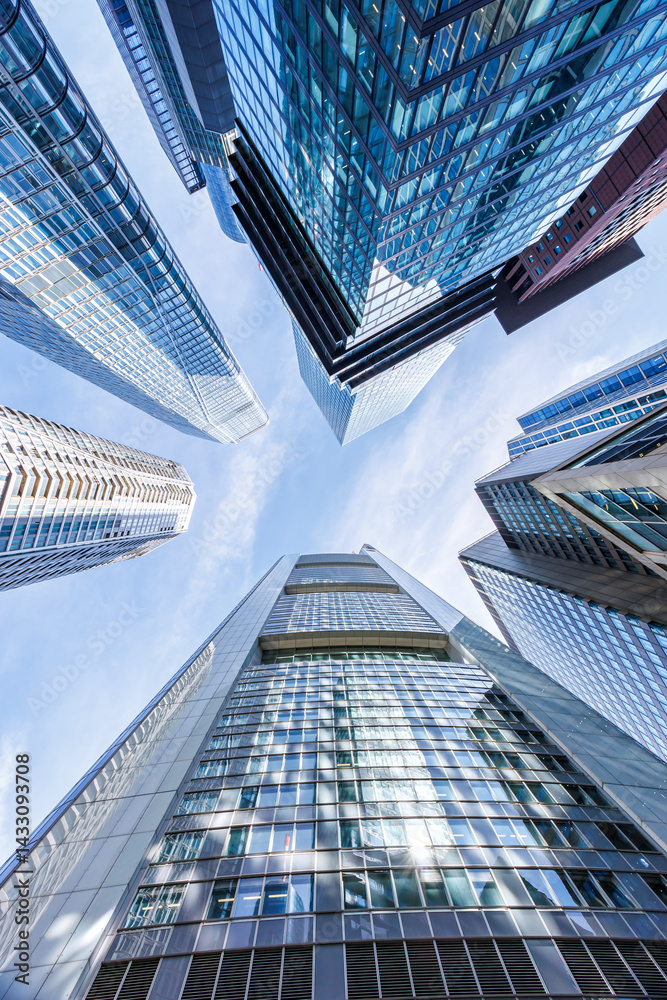 Frankfurt skyline skyscrapers with banks modern work office buildings portrait format in Frankfurt, Germany