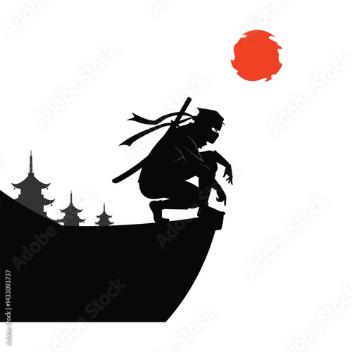 ninja crouching on a rooftop silhouette vector design art and illustration 