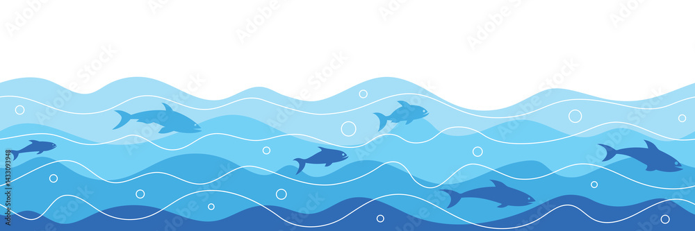 Naklejka premium Vector drawing sea waves, shoal of fish, seamless border, isolated on white background