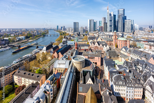 Obraz na płótnie Frankfurt skyline skyscrapers in city center with the Römer and Main river from above in Frankfurt, Germany w salonie