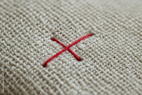 Close-up view of a small mended tear on natural fabric.