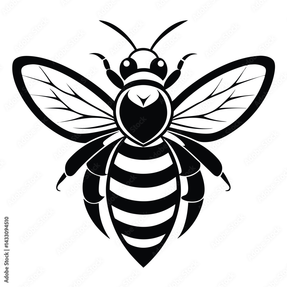 Obraz premium Honeybee Outline, Black and White Silhouette, Insect Illustration, Honeycomb Pattern, Wings
