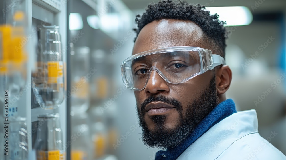 Serious industrial worker in safety glasses facing the camera.