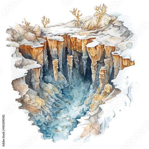 Trench Filled With Hydrothermal Vents, watercolor vector, isolated on a white background.