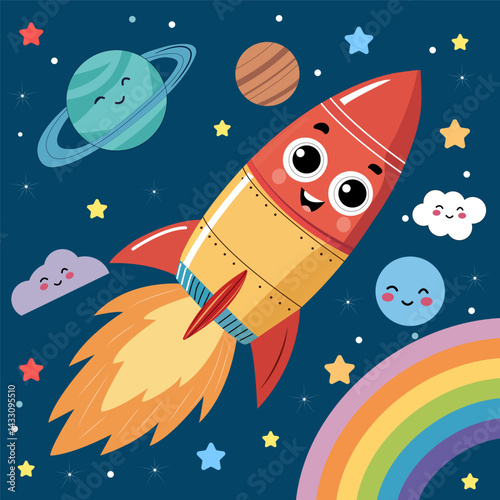 Fototapeta Naklejka Na Ścianę i Meble -  
A vector illustration of a cute rocket with big eyes flying in space among smiling planets, stars, clouds, and a rainbow. The background is dark blue. Theme: space, children's cartoon, fantasy.