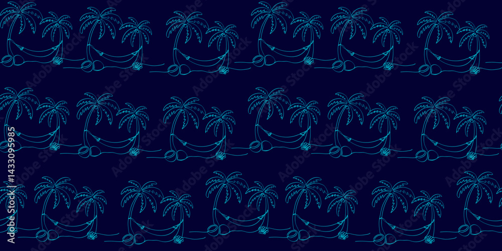 seamless vector pattern of palm trees with hammock on dark blue background, repeating summer design for textile and fabric, tropical beach vacation theme, simple line art style seamless vector pattern of palm trees with hammock on dark blue background, repeating summer design for textile and fabric, tropical beach vacation theme, simple line art style