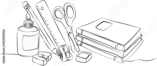 minimalist one-line vector illustration school supplies books ruler scissors glue erasers sharpener, simple continuous line drawing for back to school concept, isolated design