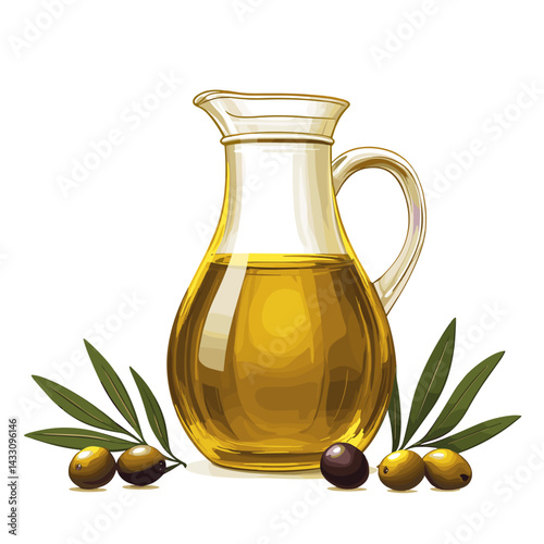 A bottle jug of extra virgin olive oil with olives and leaves isolated on a white background