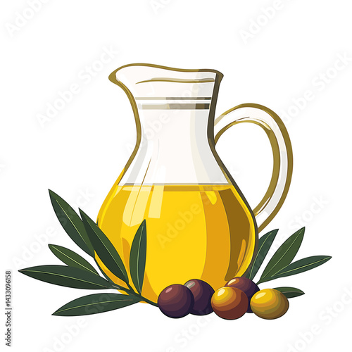 A bottle jug of extra virgin olive oil with olives and leaves isolated on a white background