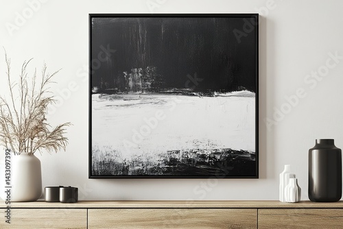modern interior design ,Minimalist, modern black-and-white brush stroke poster, framed and hung above an empty wooden sideboard adorned with vases and decorations.