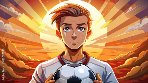 close up Intense gaze from young soccer player in white holding ball against sunset sky before game. 3D render of stadium. Concept of sport, challenge, discipline, focus, anticipation, ambitions.