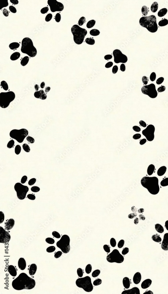 Seamless black paw print doodle trail background for pet lovers, minimalist backgrounds, pet owners, paw prints Seamless black paw print doodle trail background for pet lovers, minimalist backgrounds, pet owners, paw prints