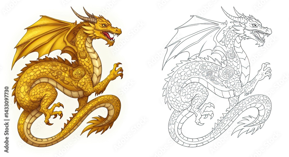 Obraz premium Dragon of Legend: An intricately detailed drawing of a majestic dragon, showcasing its scales, wings, and horns, alongside a line art version for coloring.