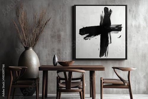 interior of a room with a table ,Minimalist, modern black-and-white brush stroke poster, framed and hung above an empty wooden sideboard adorned with vases and decorations.