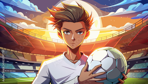 close up Intense gaze from young soccer player in white holding ball against sunset sky before game. 3D render of stadium. Concept of sport, challenge, discipline, focus, anticipation, ambitions.
