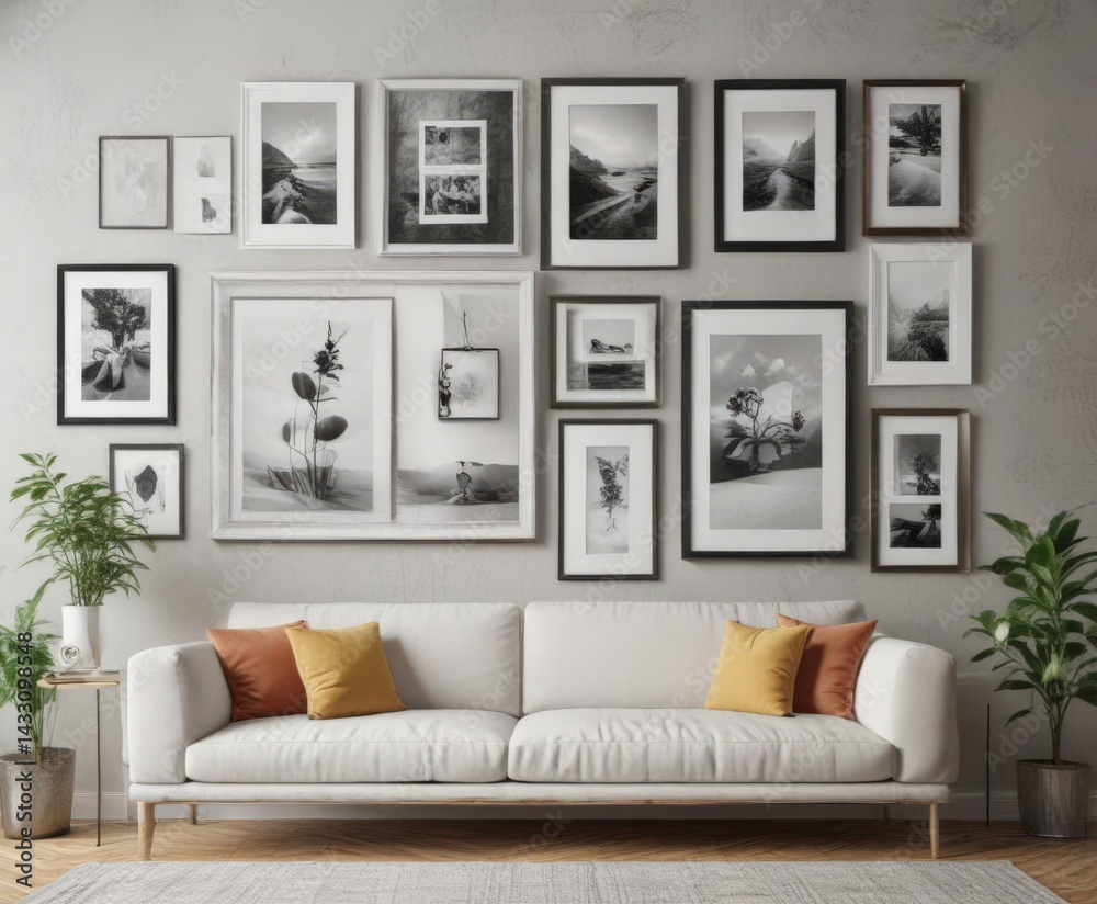 Fototapeta premium Versatile photo frame gallery wall; diverse frame styles & sizes on white; template for design projects , photo display, frame styles