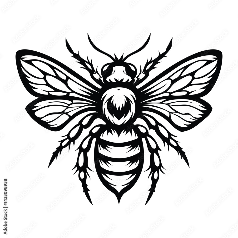 Fototapeta premium Intricate Monochrome Bee, Detailed Wings, Ornate Body, Stylized Insect, Isolated Design