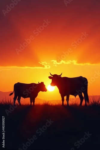 Cattle silhouette against sunset, cattle, countryside, silhouettes