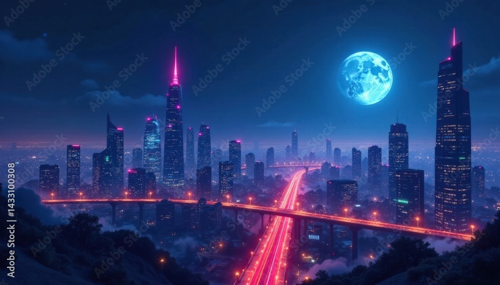 Fototapeta premium Futuristic cityscape at night, futuristic architecture, skyscrapers, night sky
