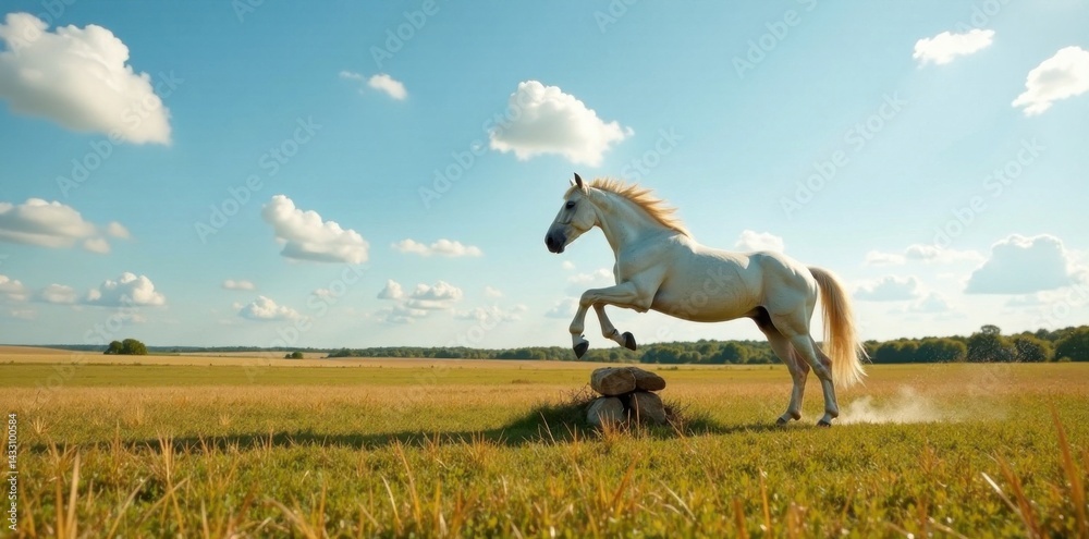 Obraz premium White horse leaping over obstacle in open field, motion, grassland, white horse